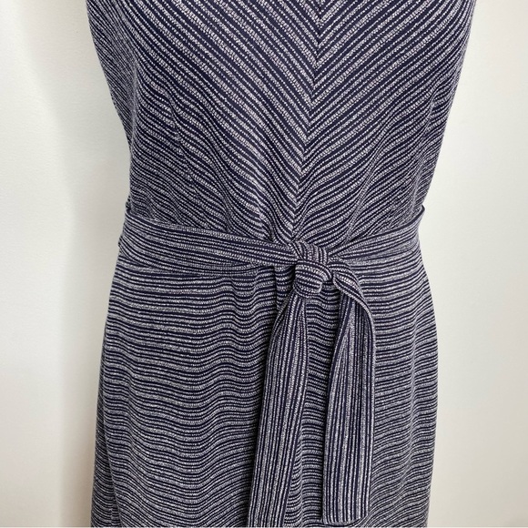 Loft Navy White Striped Textured Tie Waist Pocket Dress - Picture 9 of 11